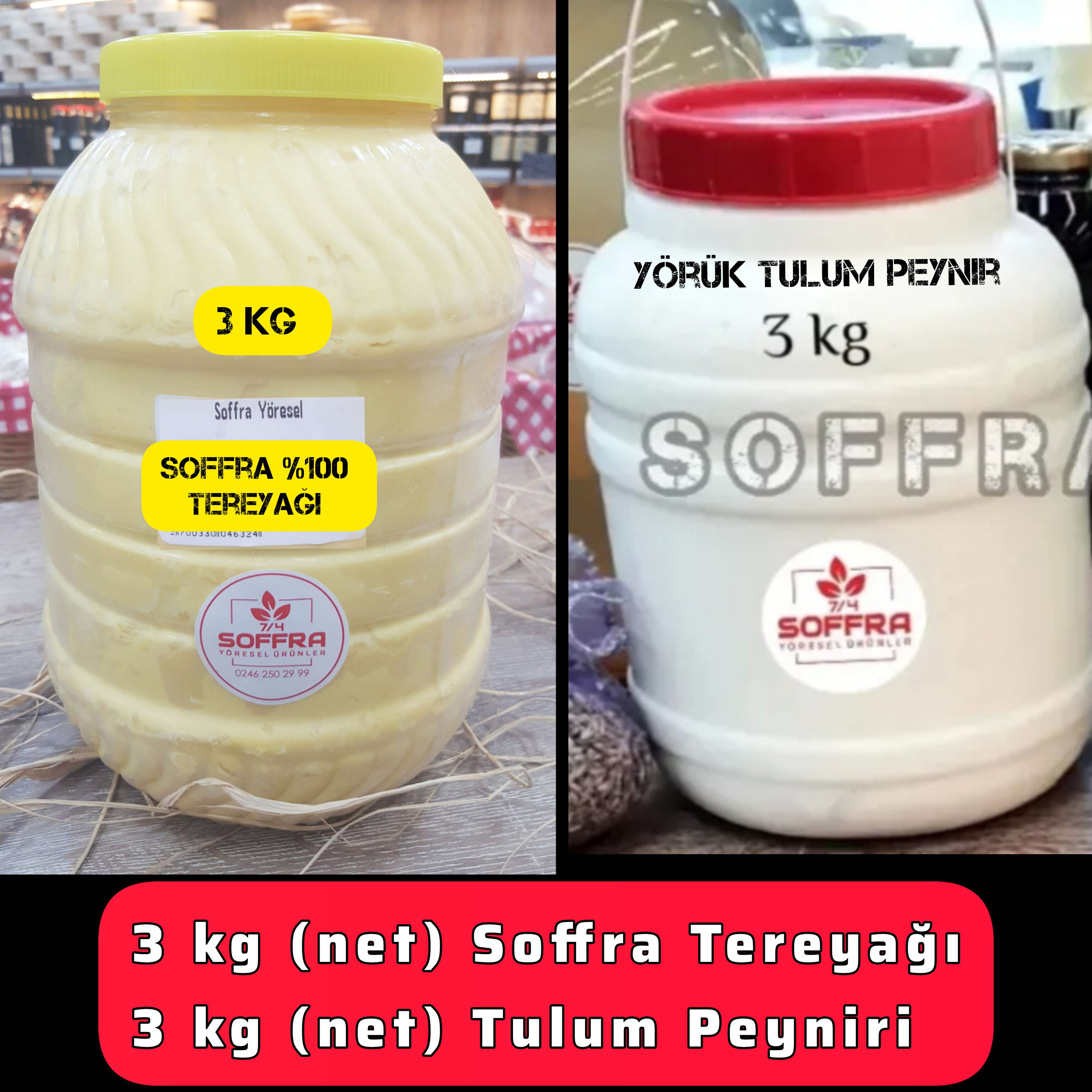 Soffra %100 Doğal El Emeği Tereyağ Net 3 kg  Bidon + 3 kg Yörük Tulum Peynir